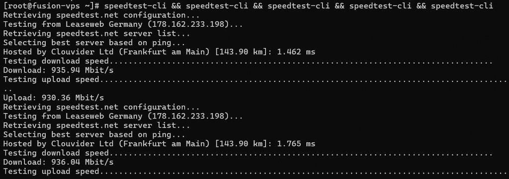 Speedtest-cli results showing fast VPS download and upload speed