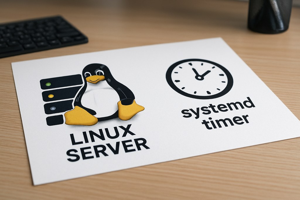 Systemd timer and Linux logo on a piece of paper.