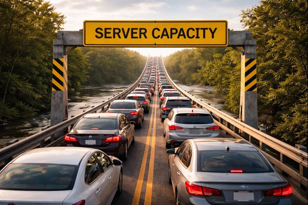 Traffic jam under server capacity warning sign.