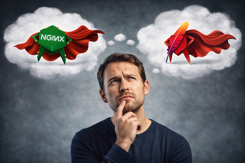 Two cloud bubbles above showing NGINX and Apache as superhero-like symbols