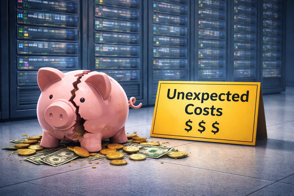 Unexpected VPS costs shown with broken piggy bank in server room