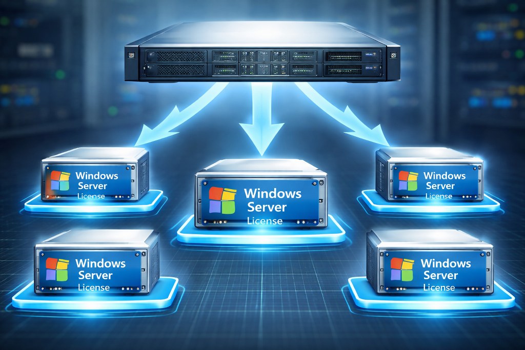Windows Server licensing diagram with multiple servers