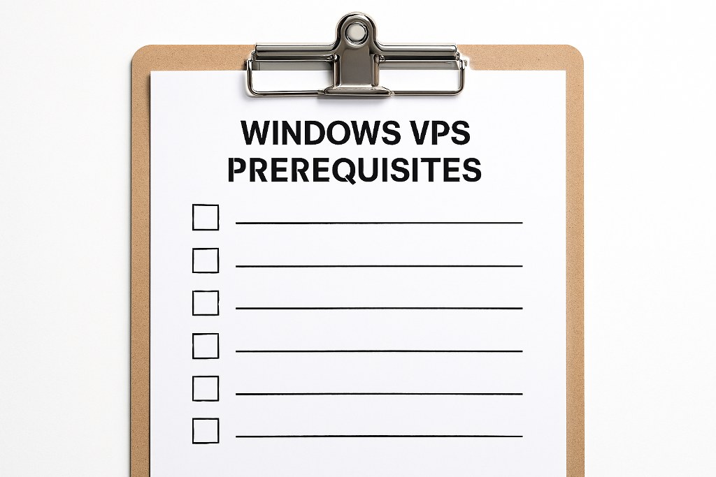 Windows VPS prerequisites checklist on a clipboard.