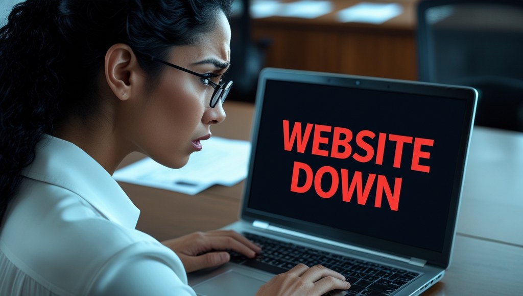 Woman seeing website down error on laptop