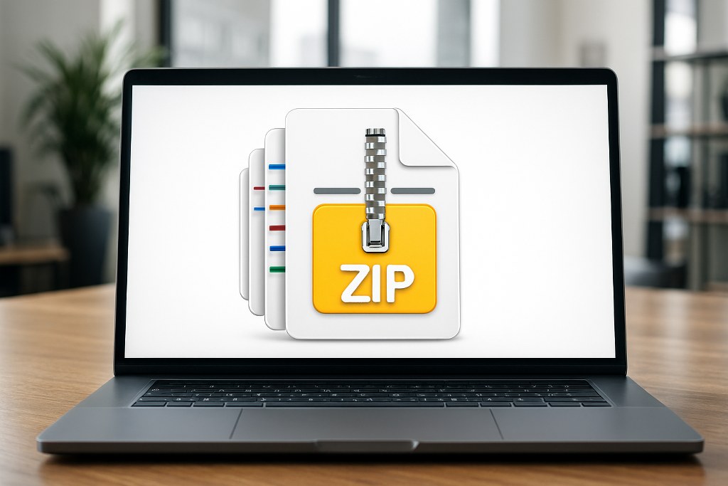 Zipped files on a laptop.