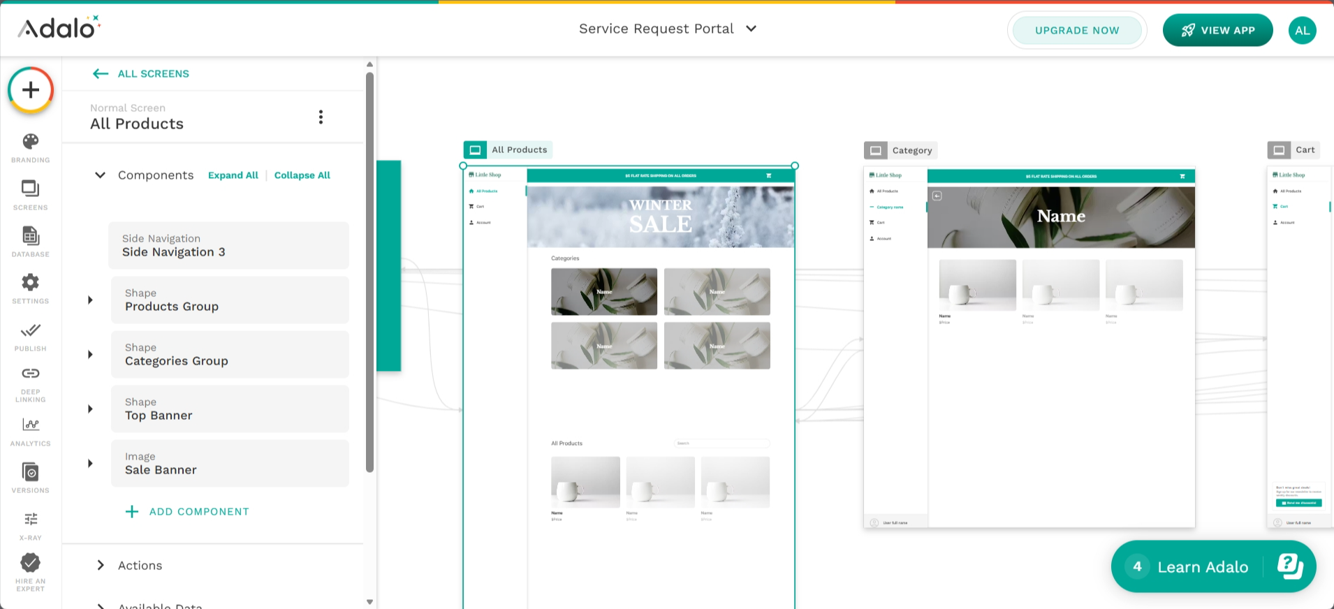 screenshot of Adalo Service Request Portal 'All Products' tab