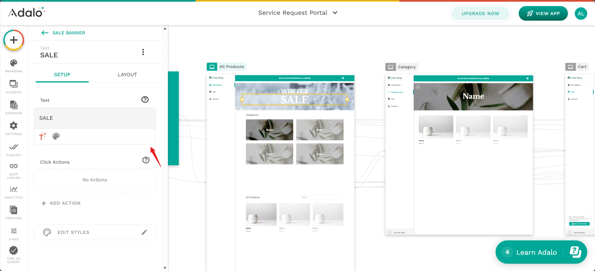 screenshot of Adalo Service Request Portal 'Sale banner' tab
