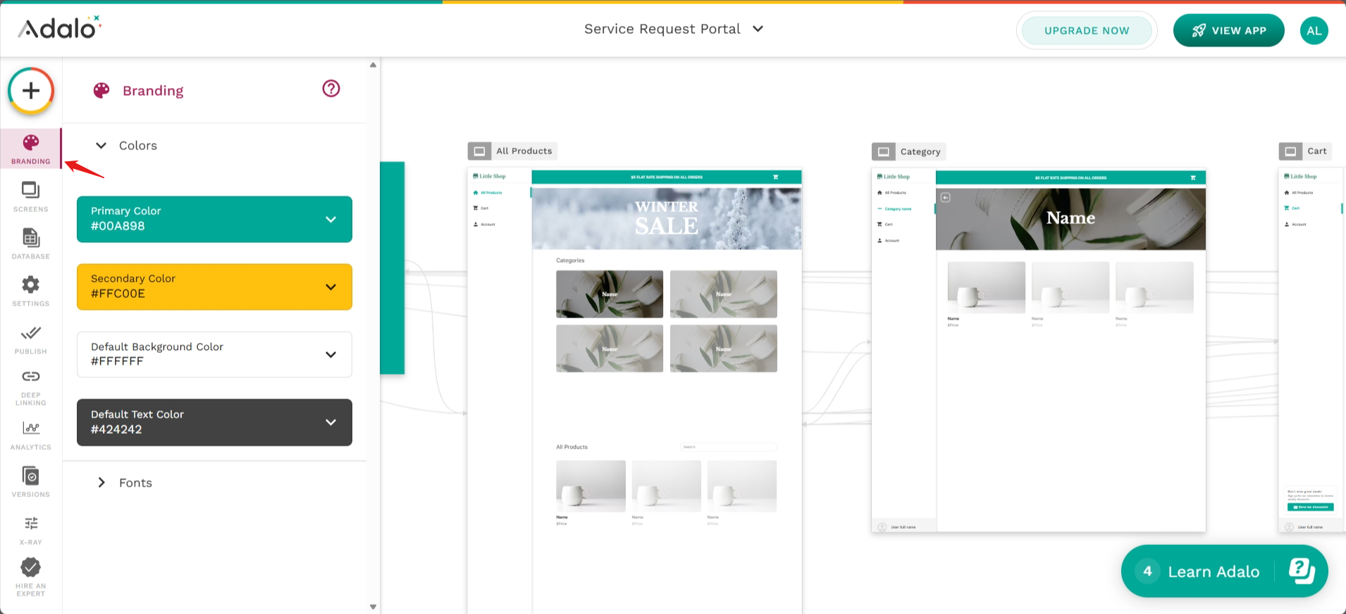 screenshot of Adalo Service Request Portal 'Branding' tab