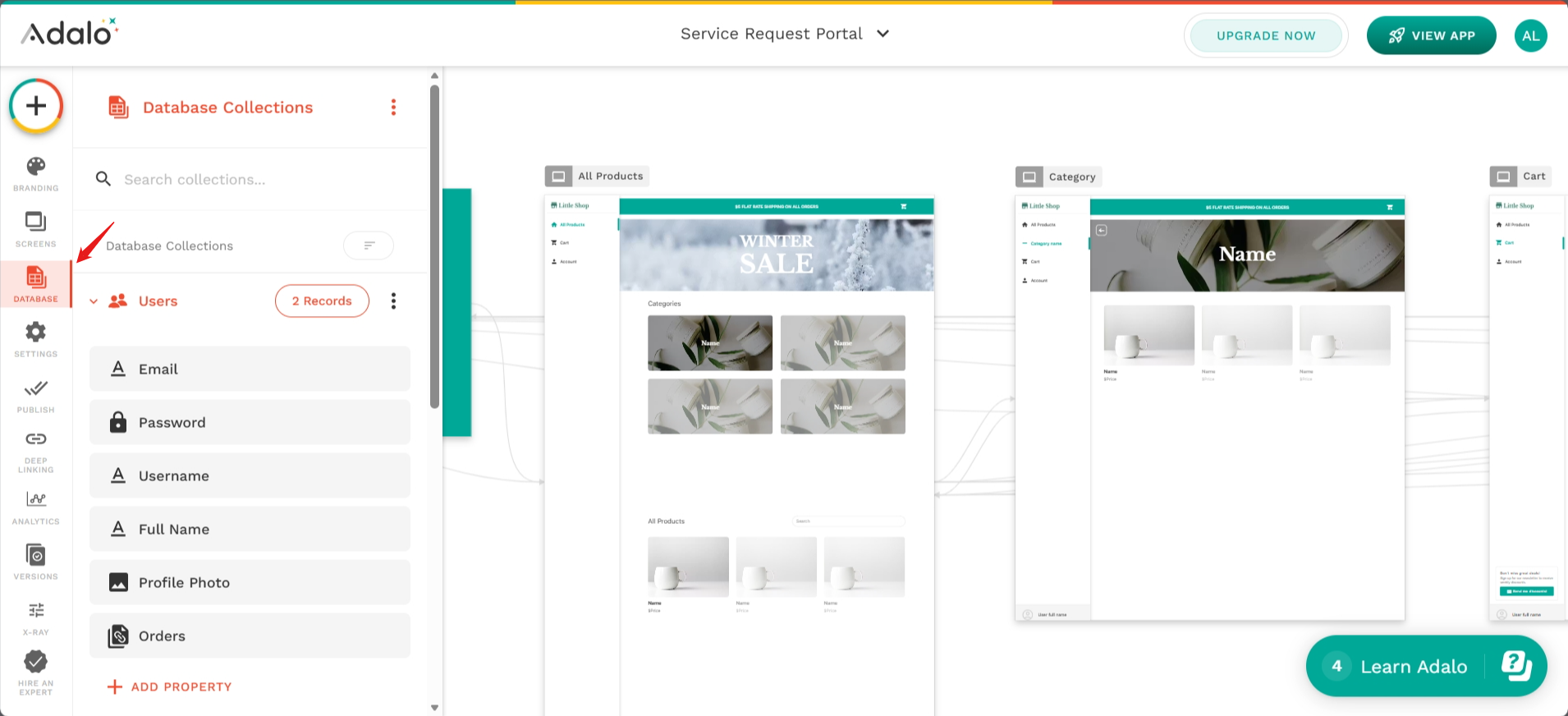 screenshot of Adalo Service Request Portal 'Database' tab