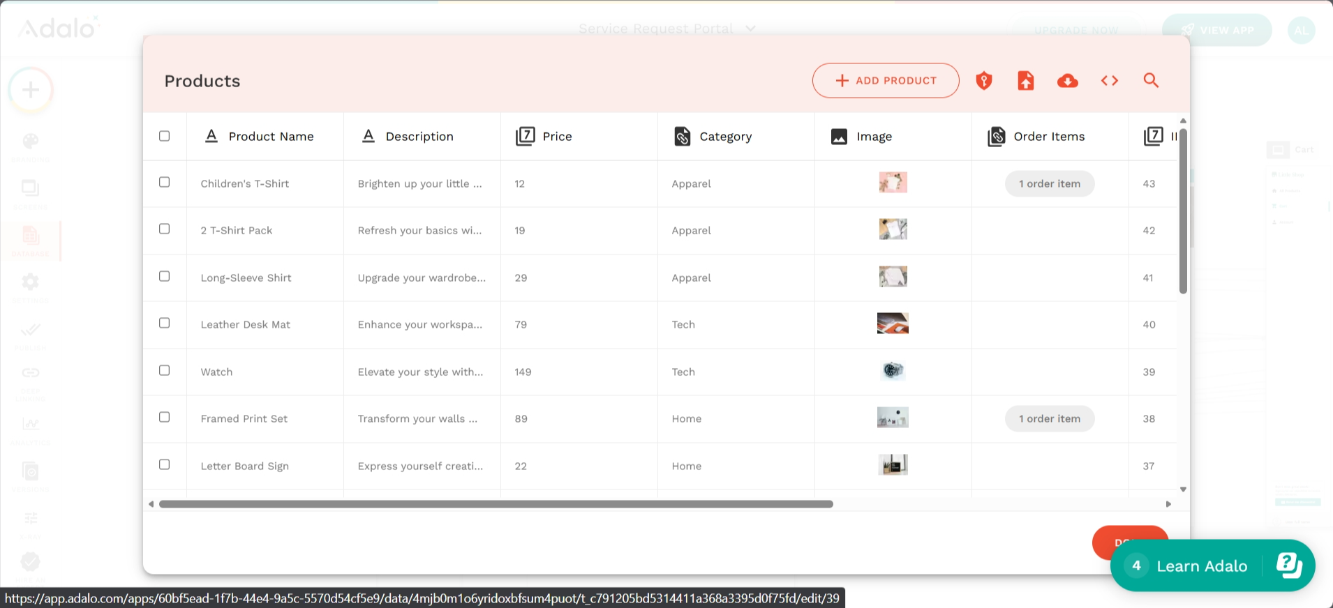 screenshot of Adalo Service Request Portal 'Products' window