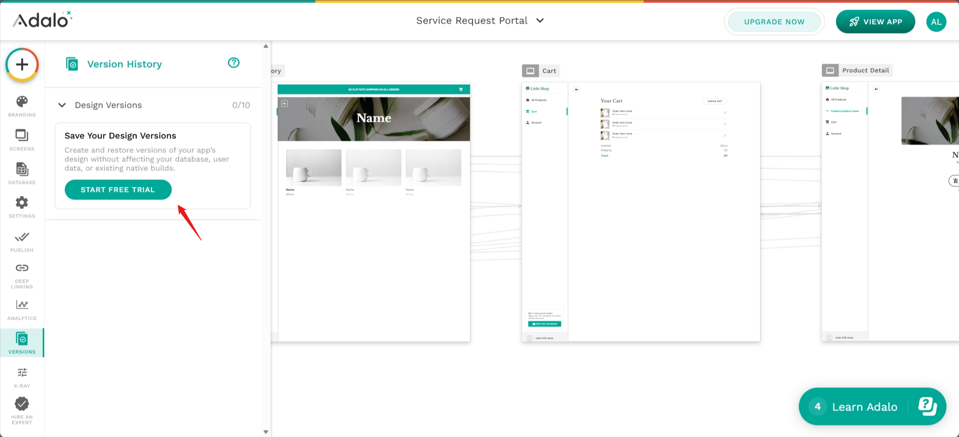 screenshot of Adalo Service Request Portal 'Start Free Trial' button