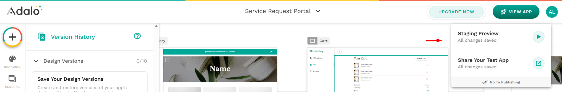 screenshot of Adalo Service Request Portal 'Staging Preview' button