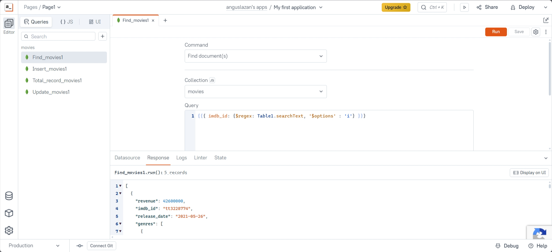 screenshot of Appsmith builder 'Queries' page