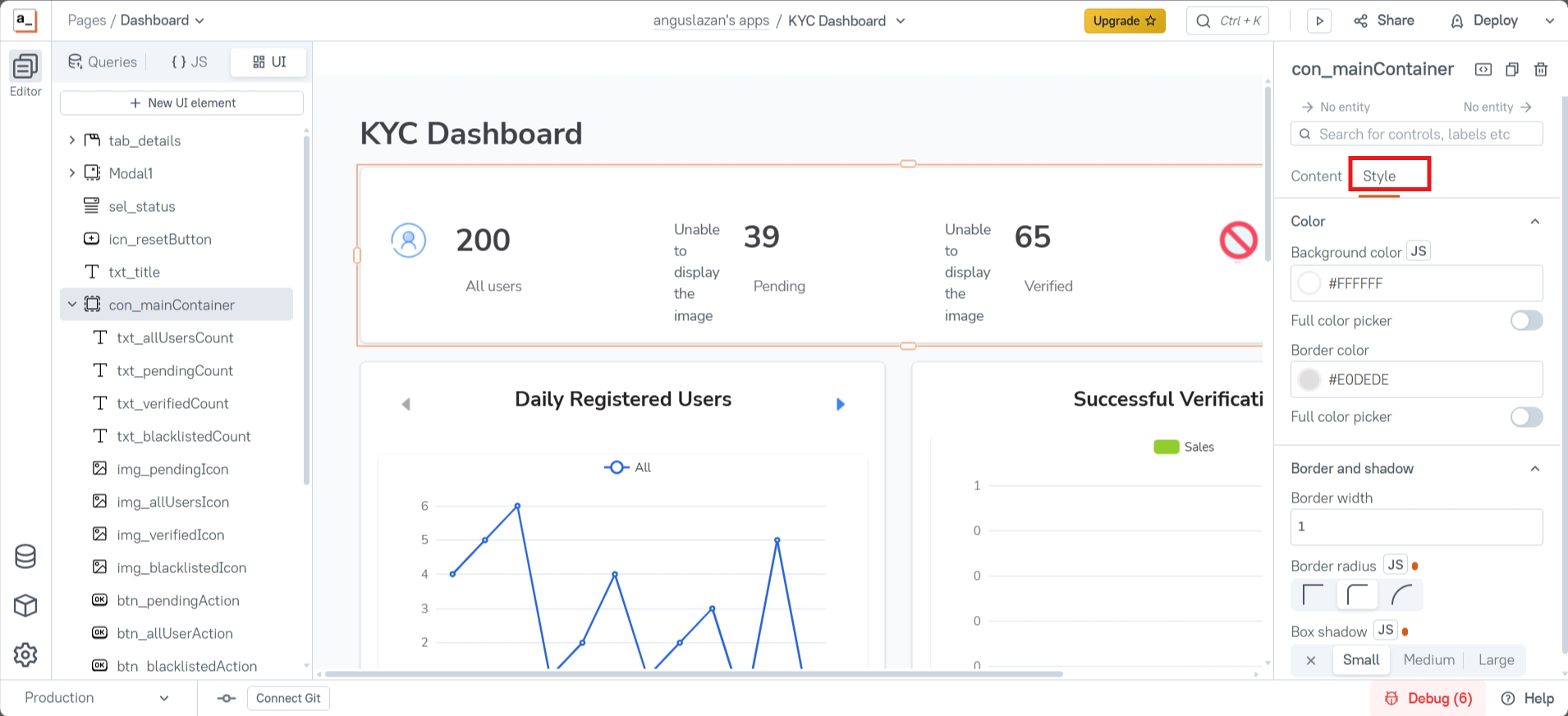 screenshot of Appsmith builder KYC Dashboard