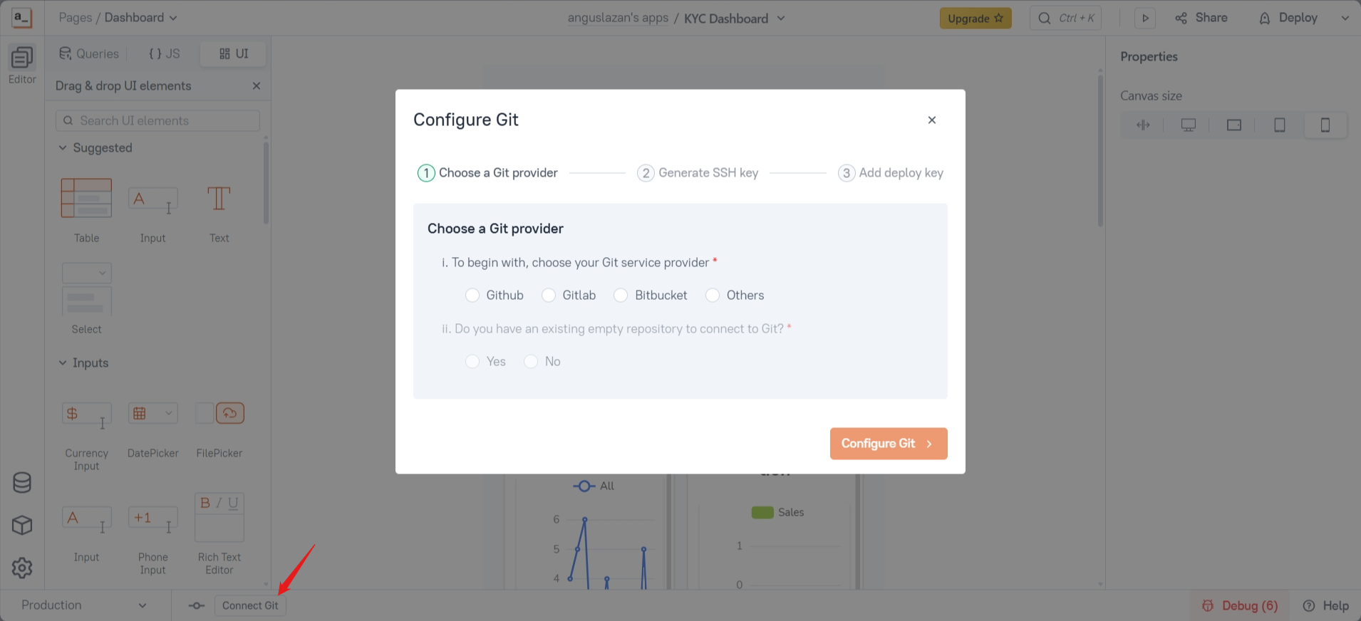 screenshot of Appsmith builder KYC Dashboard 'Configure Git' window