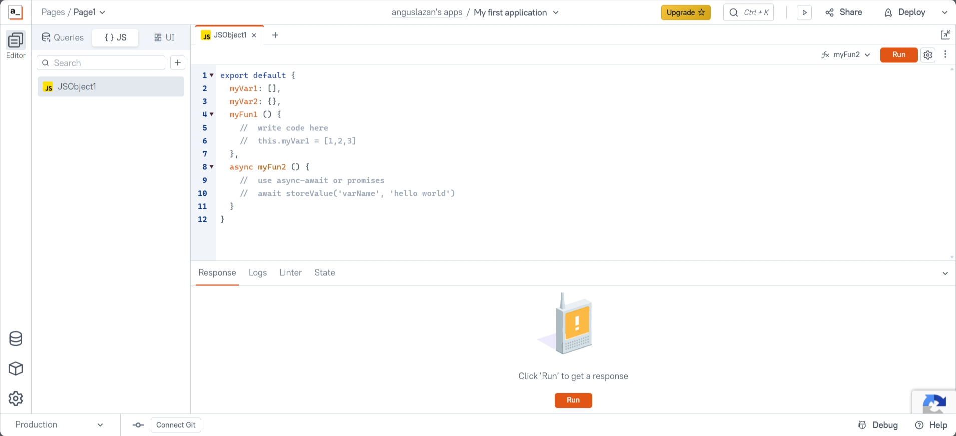 screenshot of Appsmith builder 'code' window