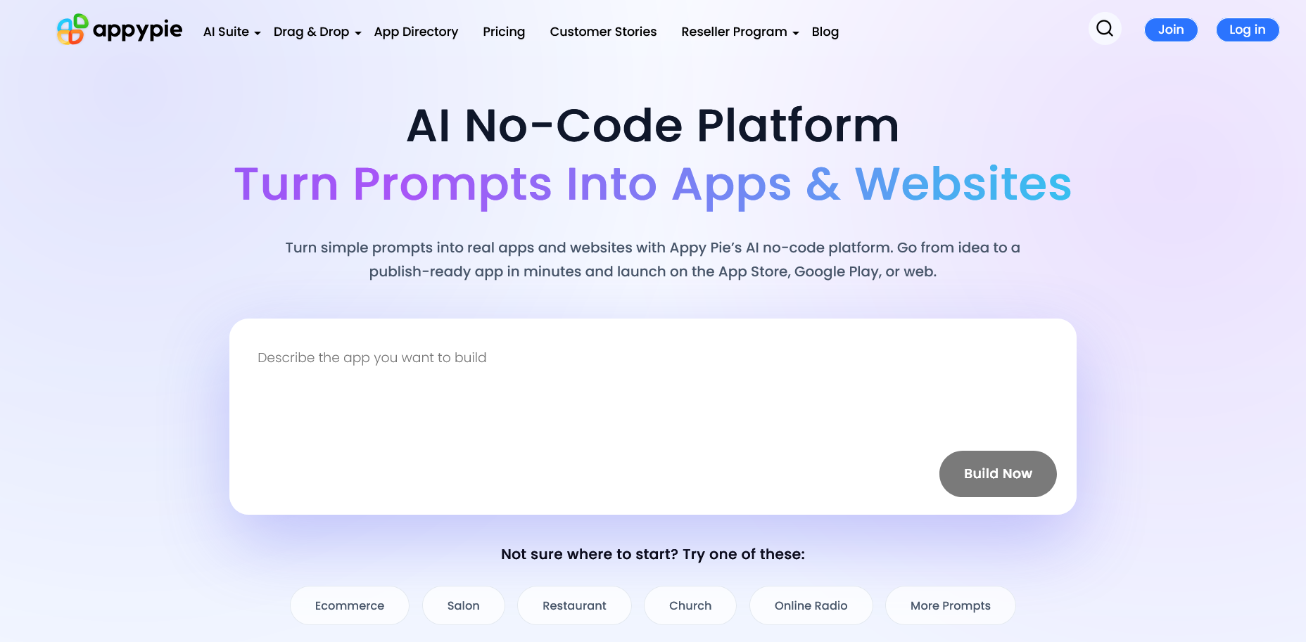 screenshot of Appy Pie homepage