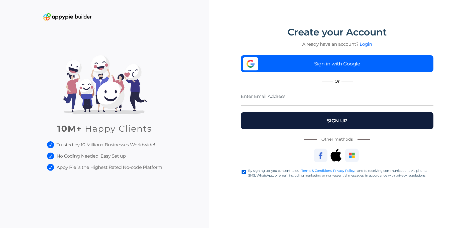 screenshot of Appy Pie Sign Up page