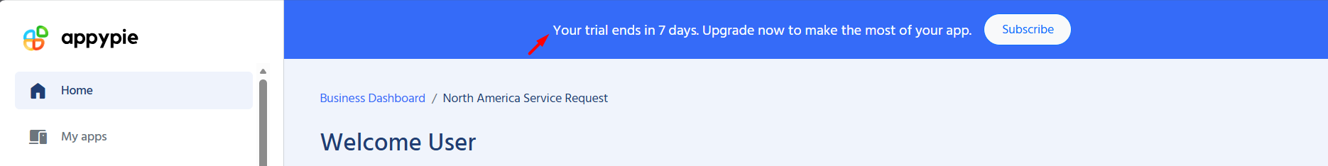 screenshot of 'Trial' message in Appy Pie dashboard