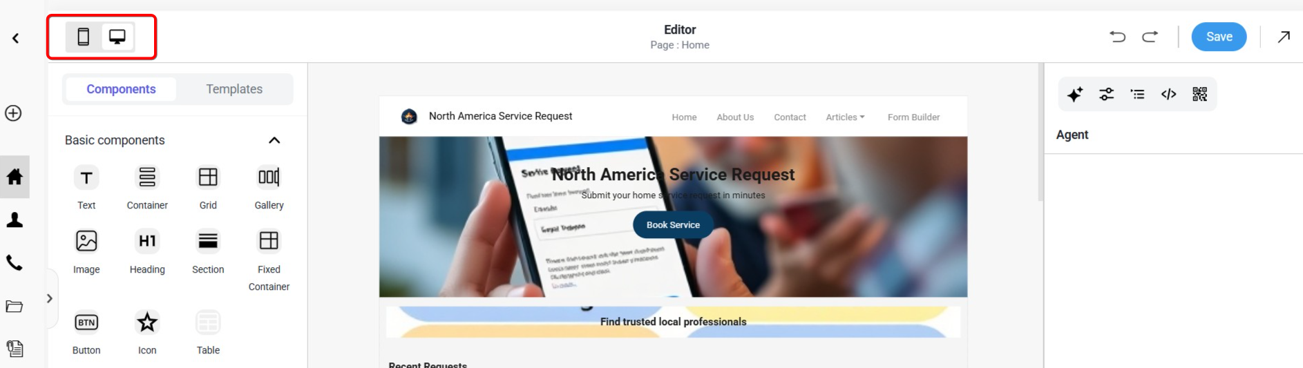 screenshot of mobile view toggle in Appy Pie dashboard