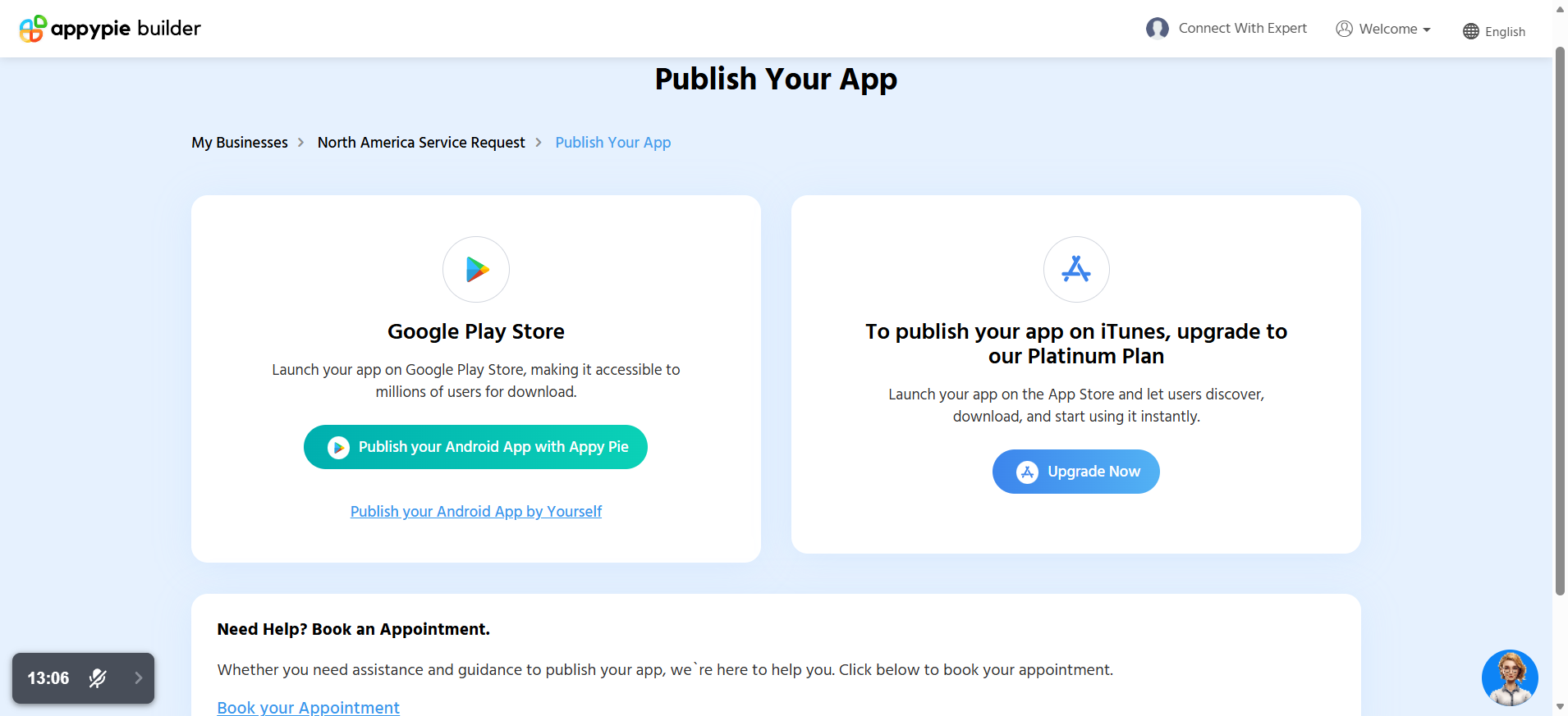 screenshot of Appy Pie builder 'Publish Your App' page
