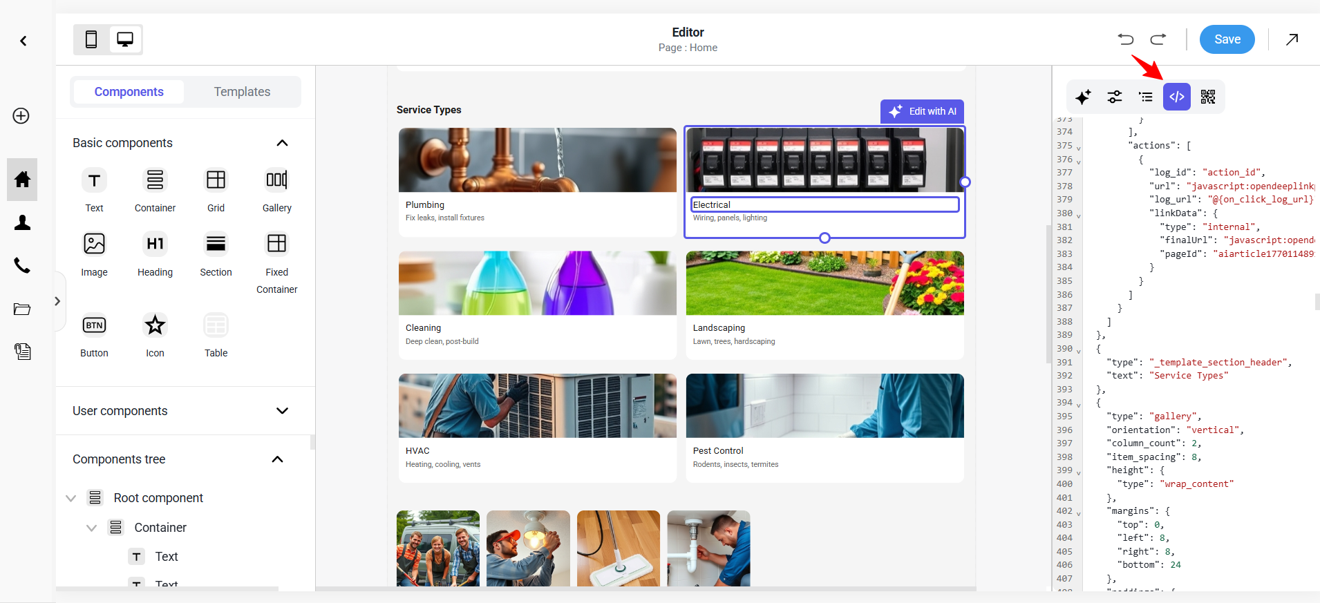screenshot of Appy Pie builder Code editor