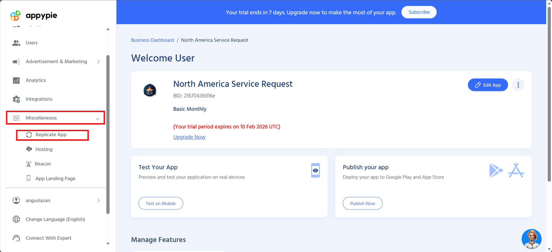 screenshot of Appy Pie dashboard 'Miscellaneous' tab 'Replicate App' button