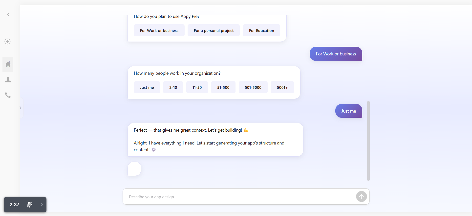 screenshot of Appy Pie Chat Conversation