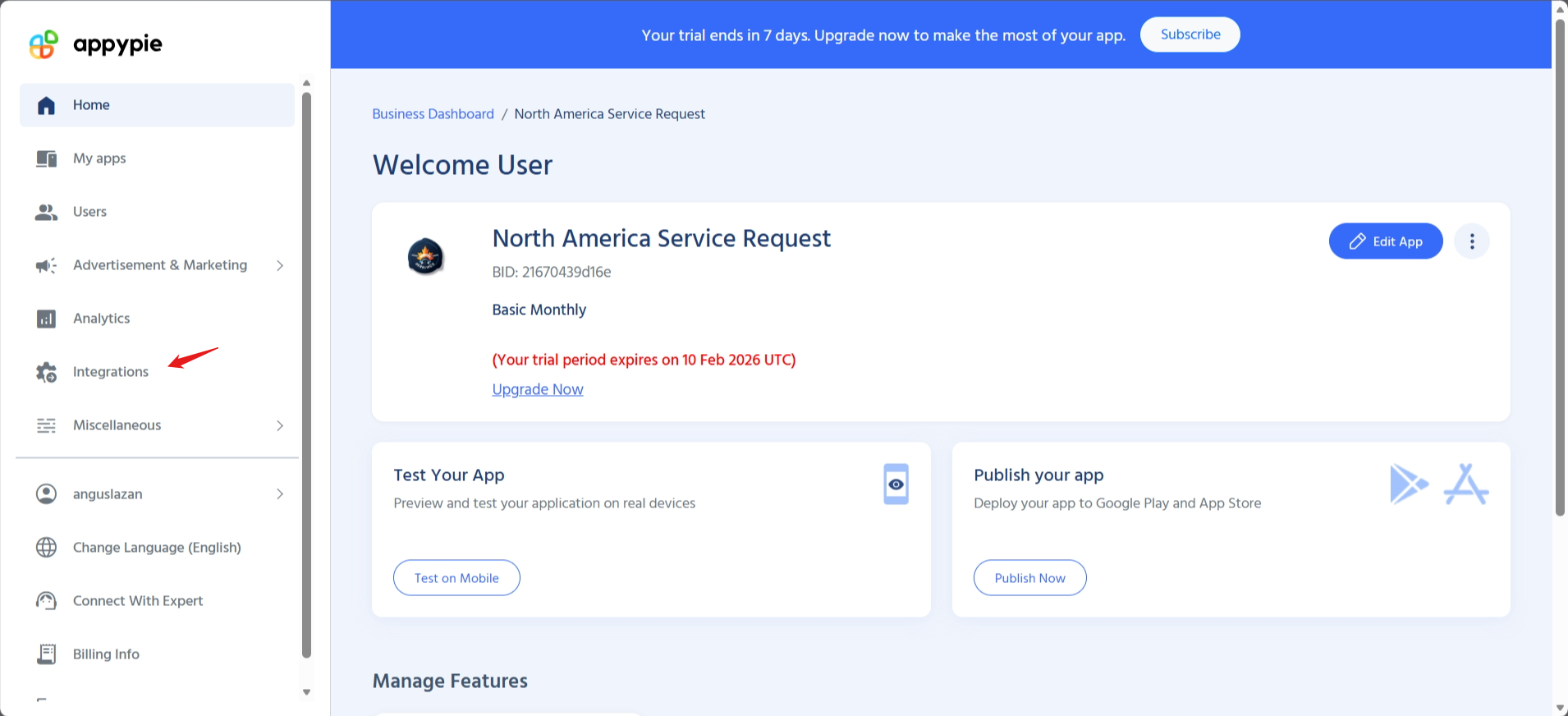 screenshot of Appy Pie dashboard 'Integrations' tab