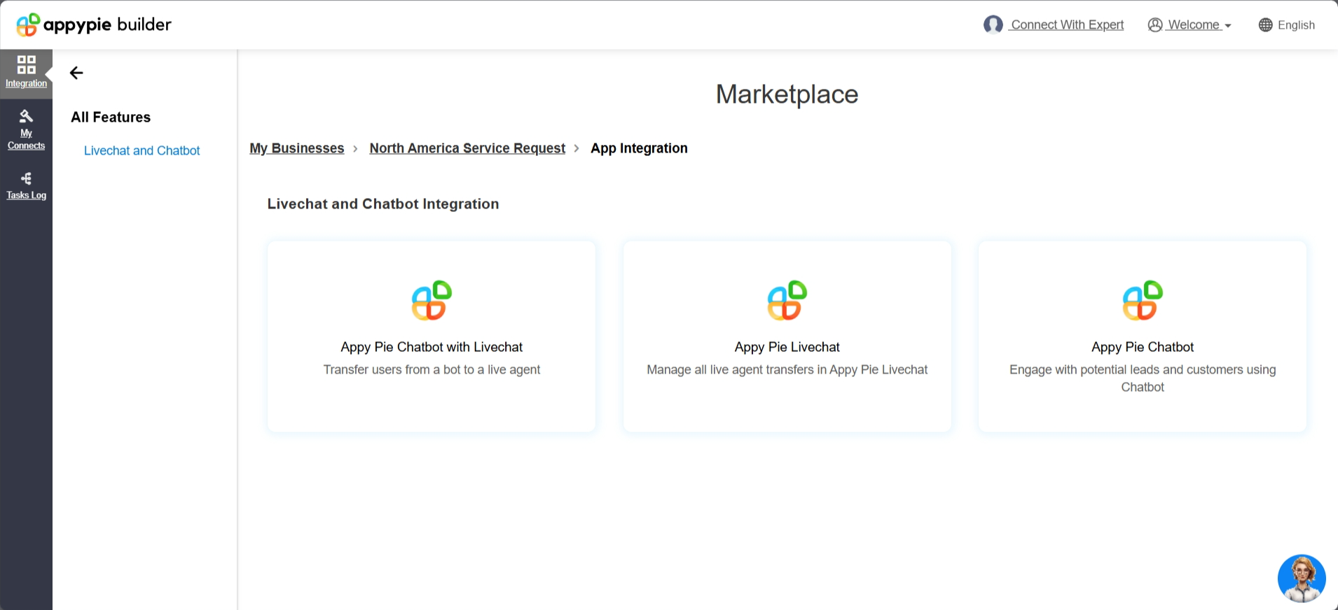 screenshot of Appy Pie dashboard 'Integrations' features