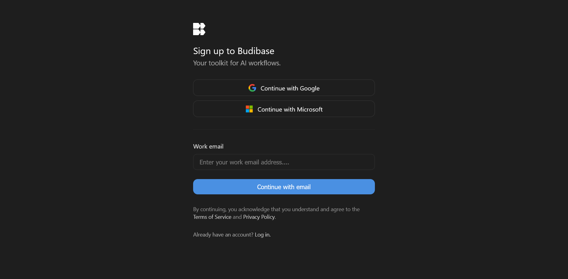 screenshot of Budibase Sign Up window