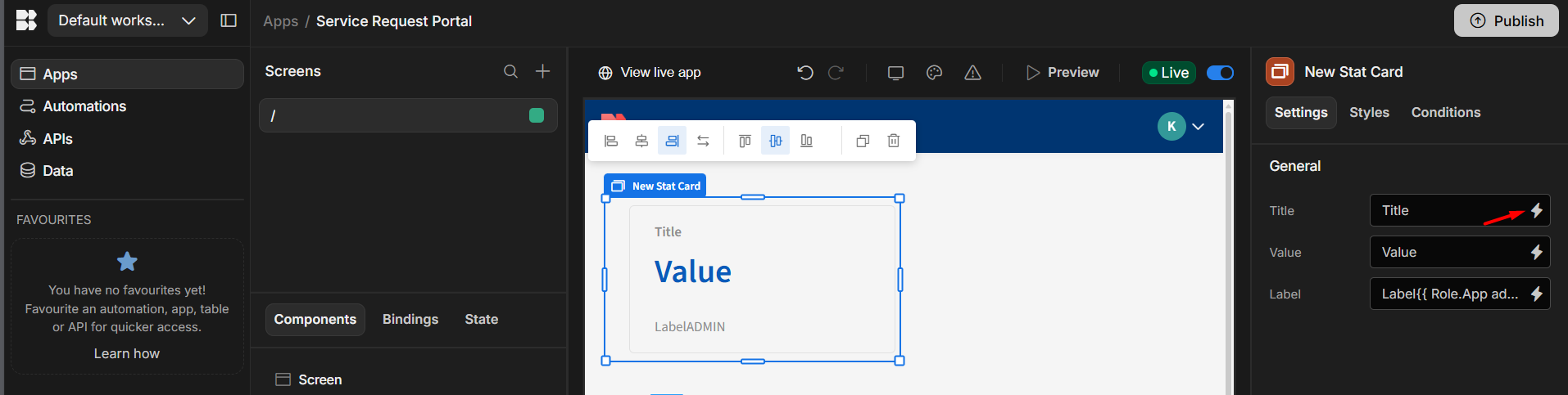screenshot of Budibase builder 'New Stat Card' tab