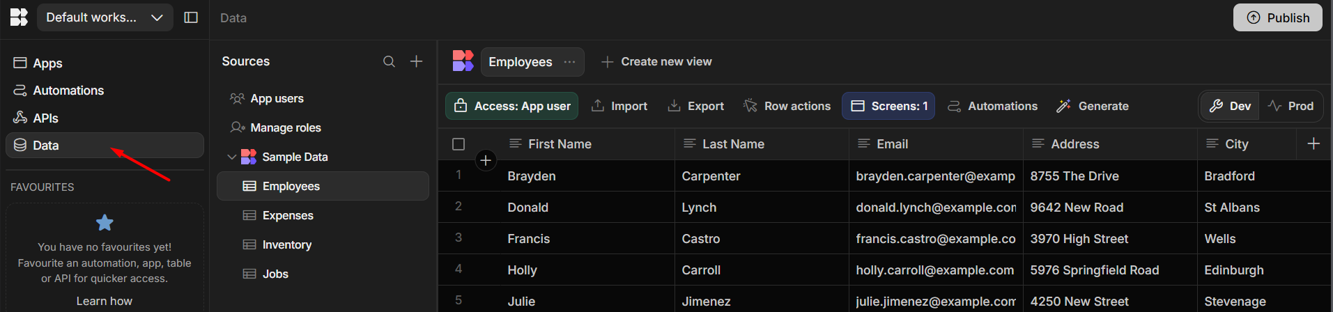 screenshot of Budibase builder 'Data' tab