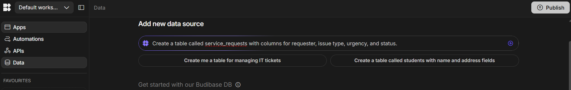 screenshot of Budibase builder adding new data source