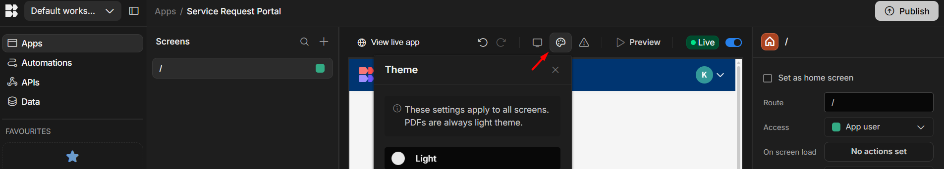 screenshot of Budibase builder 'Theme' tab