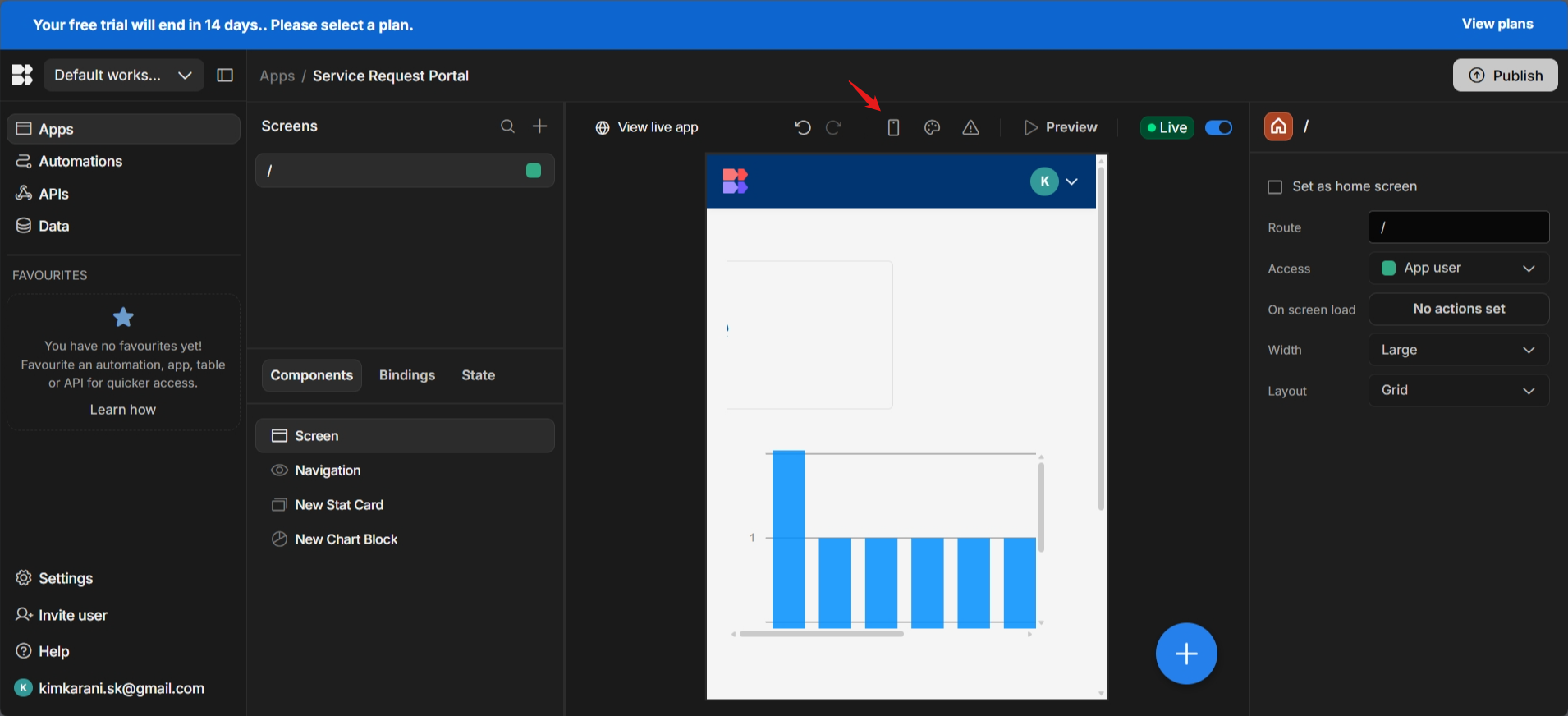 screenshot of Budibase builder 'Mobile View' option