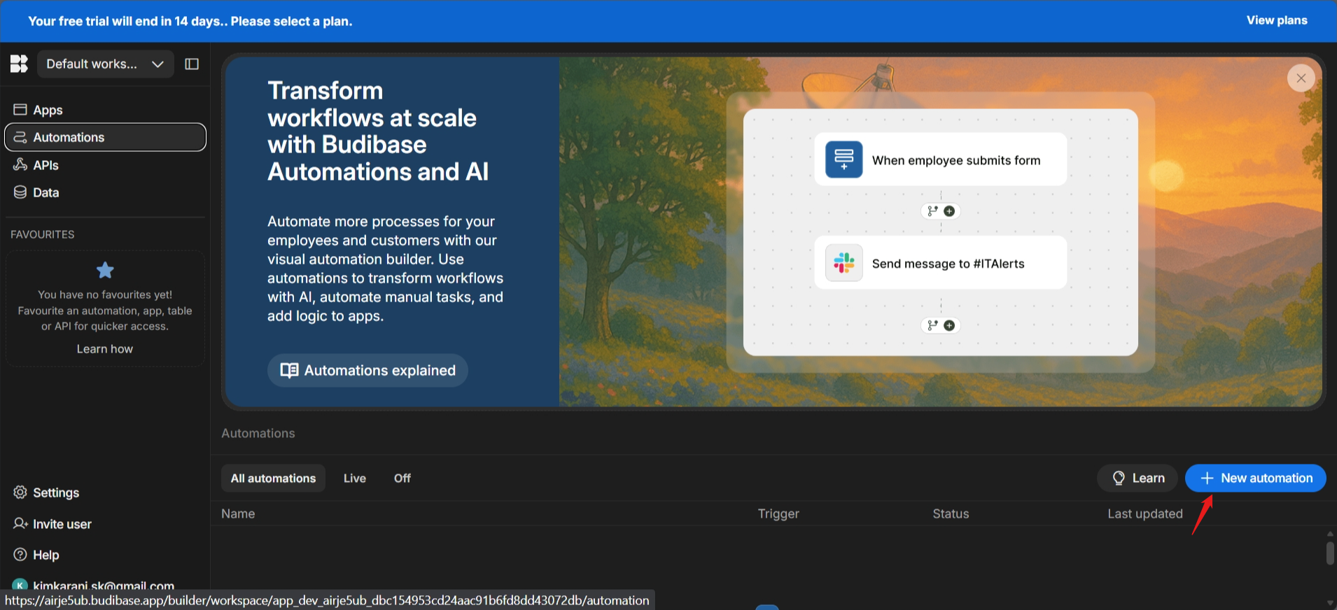 screenshot of Budibase builder 'Automation' tab