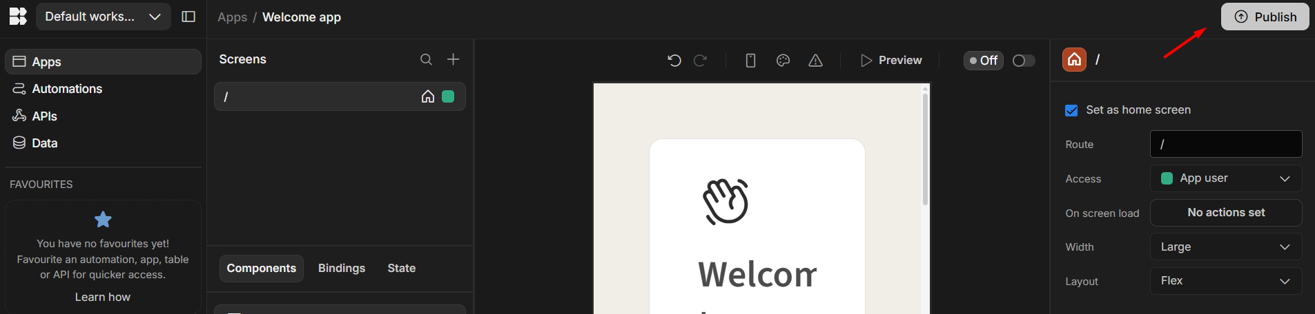screenshot of Budibase builder 'Publish' button