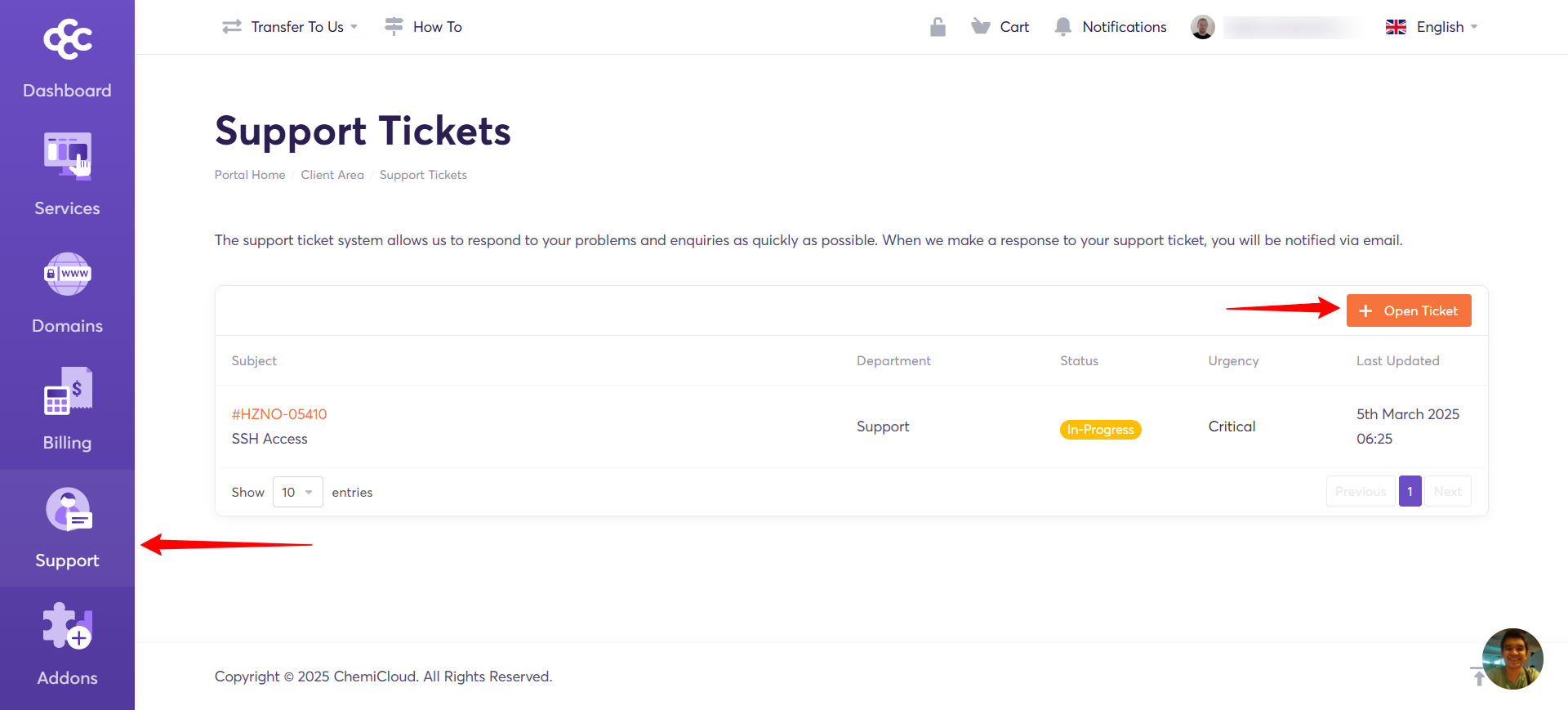 Screenshot of Chemicloud dashboard 'Support' button