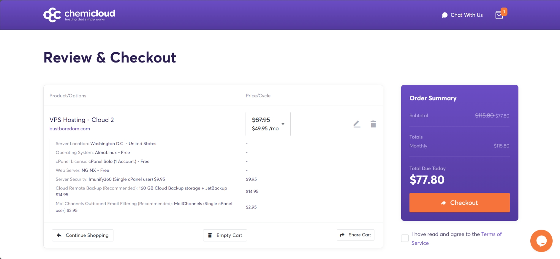 Screenshot of Chemicloud Checkout page
