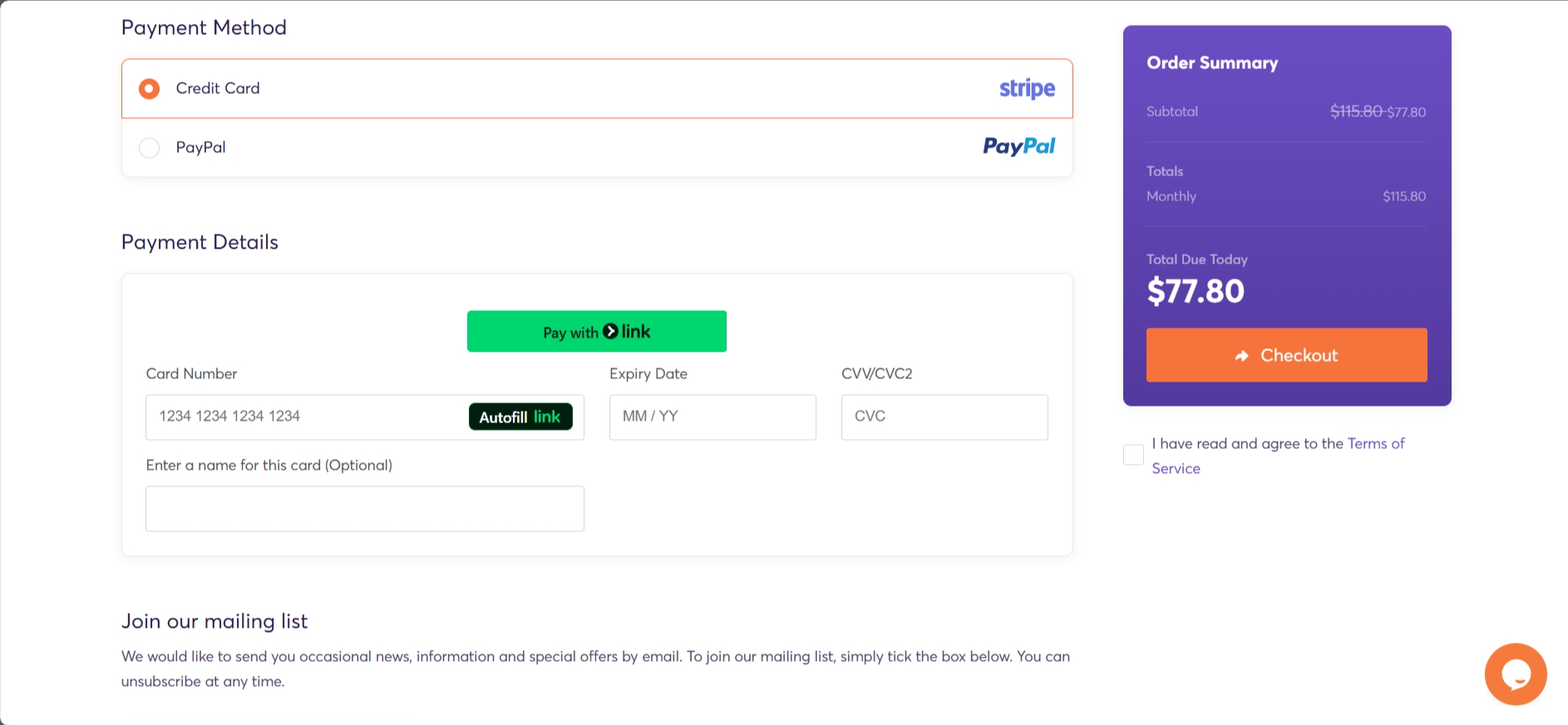 Screenshot of Chemicloud Payment Methods