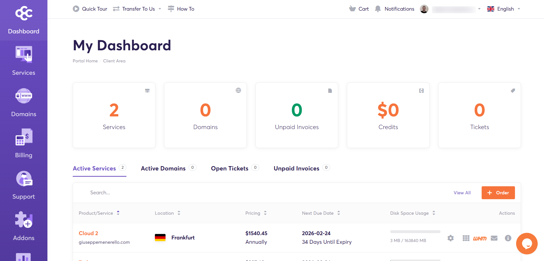 Screenshot of Chemicloud Dashboard