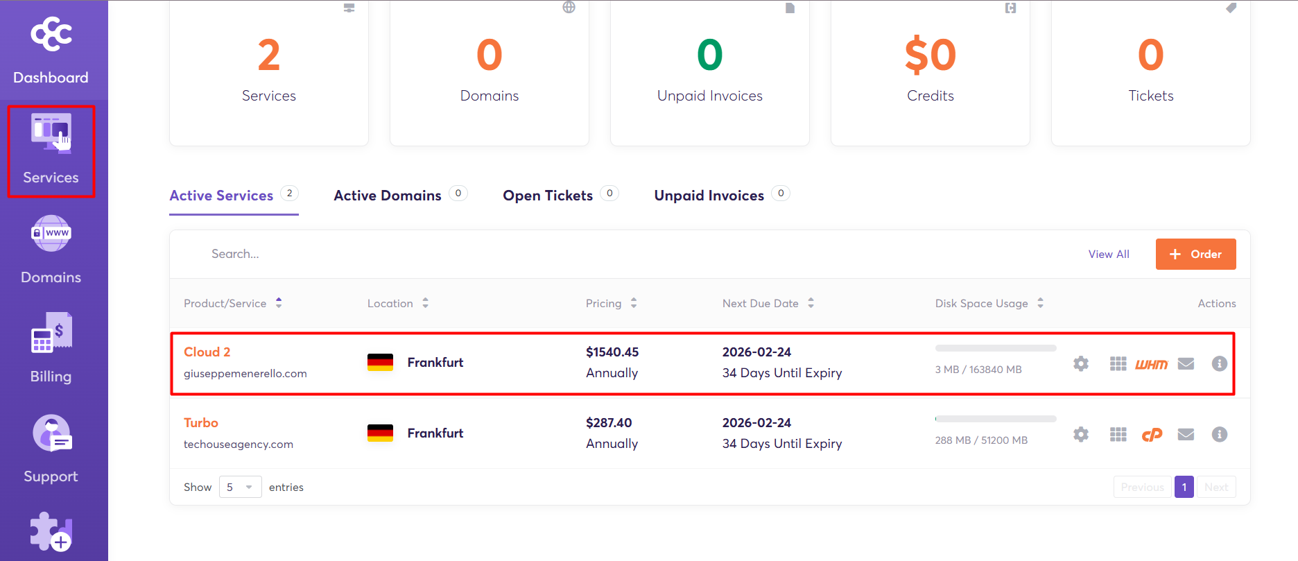 Screenshot of Chemicloud dashboard 'Services' tab