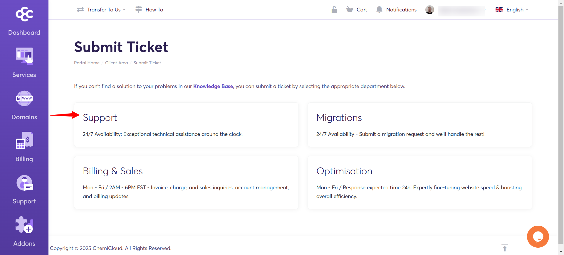 Screenshot of Chemicloud dashboard 'Submit Ticket' page