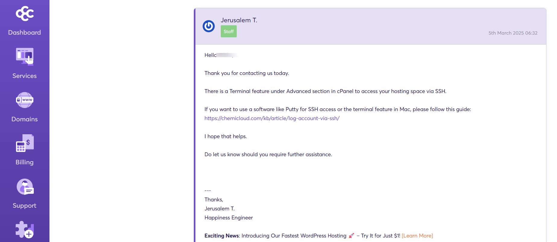Screenshot of Chemicloud ticket conversation