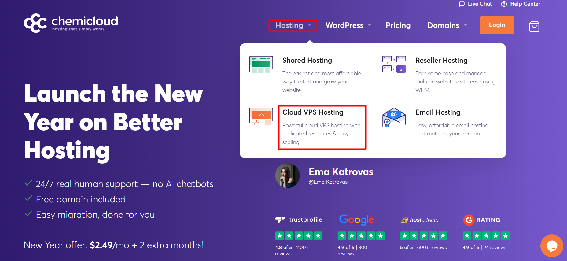 Screenshot of Chemicloud website 'Cloud VPS Hosting' button