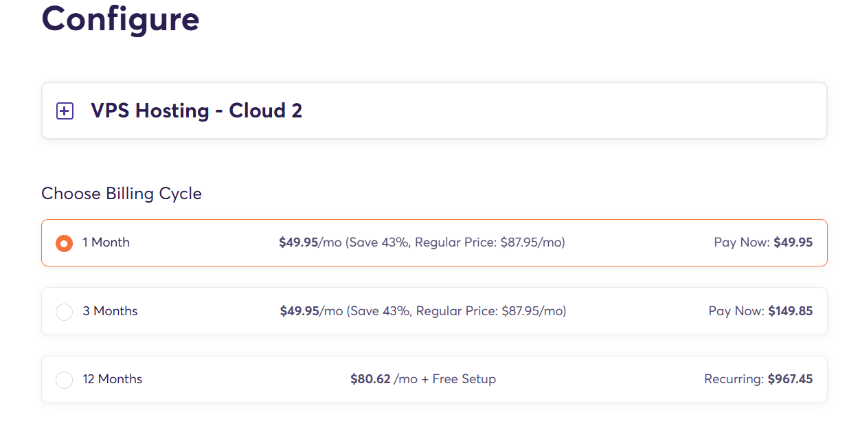 Screenshot of Chemicloud hosting plan configurations