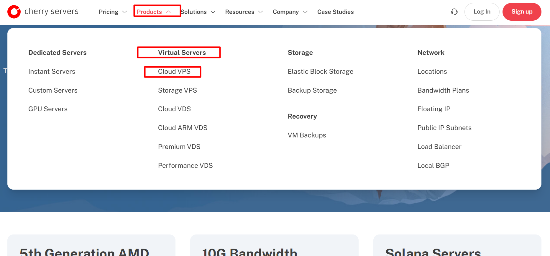 screenshot of CherryServers website 'Cloud VDS' button