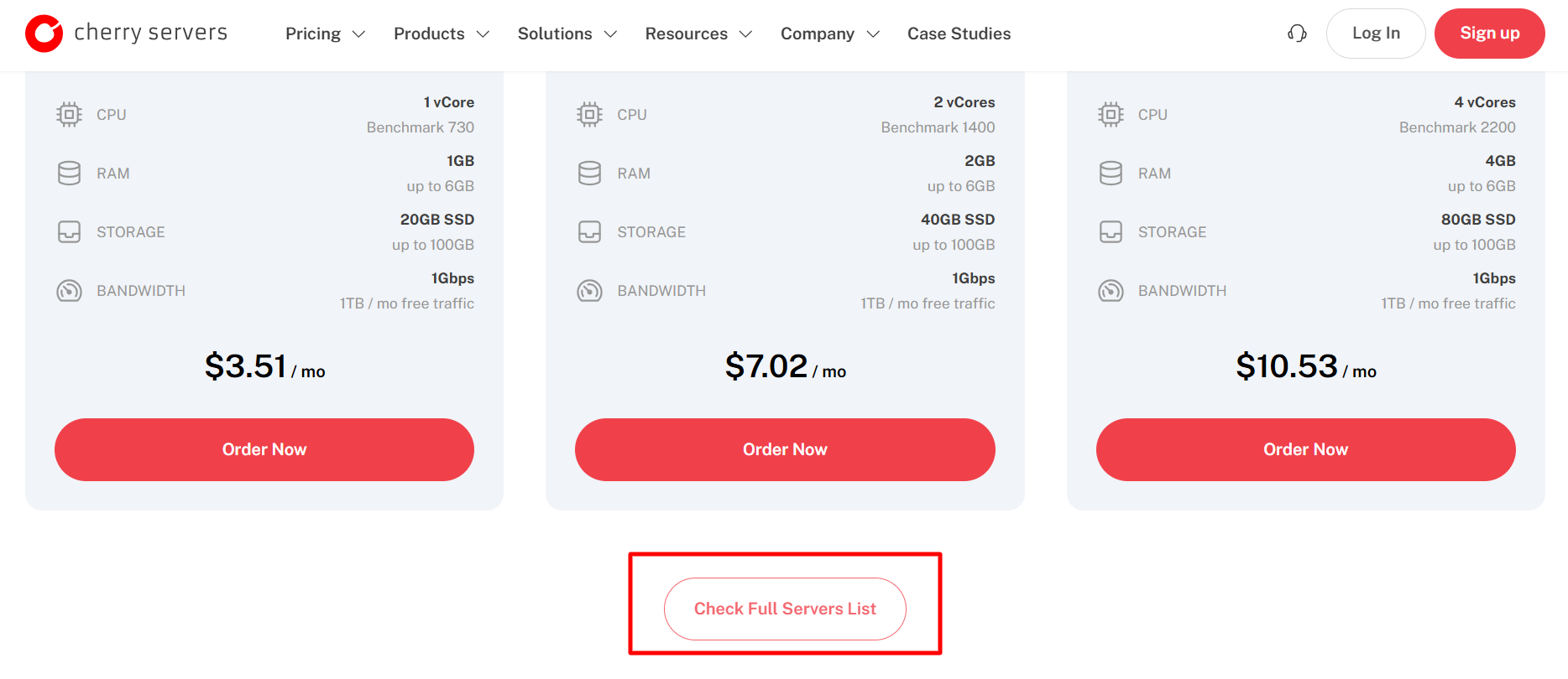 screenshot of CherryServers website 'Check Full Servers List' button