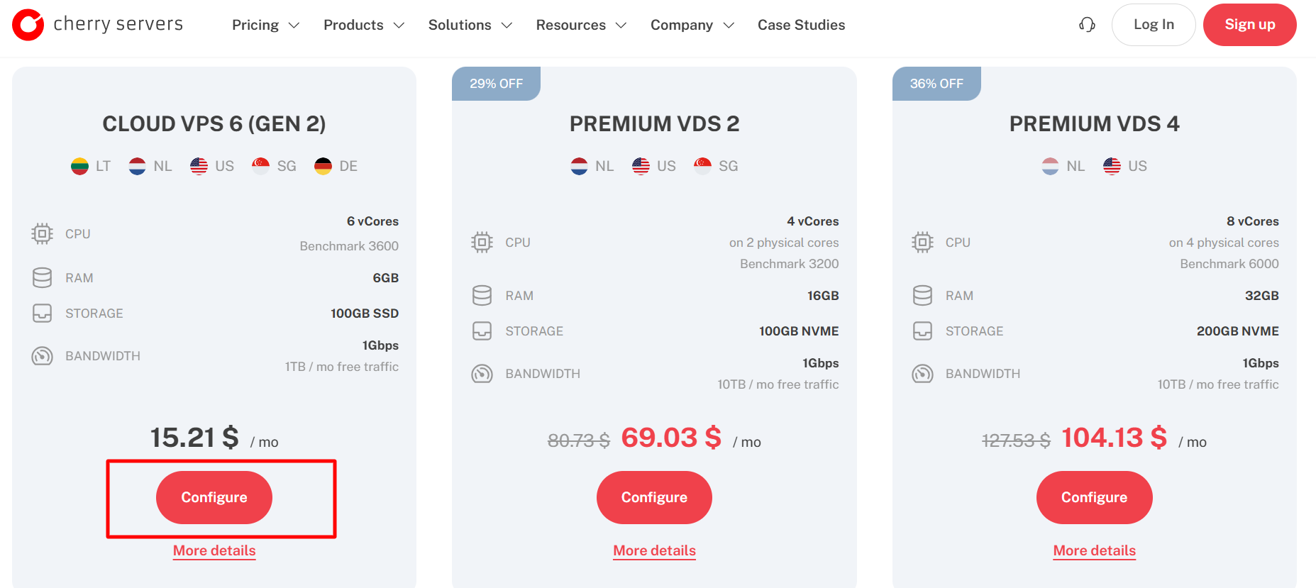 screenshot of CherryServers hosting plans 'Configure' button